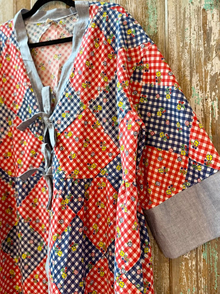 Upcycled "Home Country" Vintage Red and Blue Quilt Top Duster with Tie-Front: Women's Large
