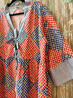 Upcycled "Home Country" Vintage Red and Blue Quilt Top Duster with Tie-Front: Women's Large