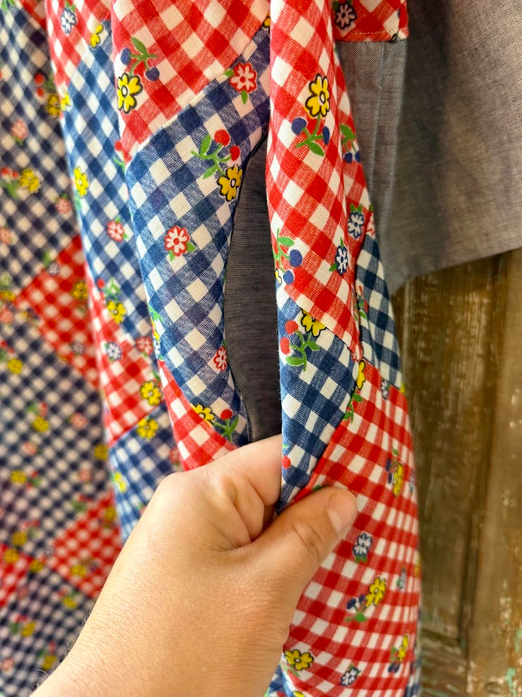 Upcycled "Home Country" Vintage Red and Blue Quilt Top Duster with Tie-Front: Women's Large