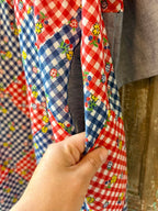 Upcycled "Home Country" Vintage Red and Blue Quilt Top Duster with Tie-Front: Women's Large