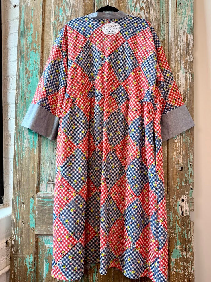 Upcycled "Home Country" Vintage Red and Blue Quilt Top Duster with Tie-Front: Women's Large