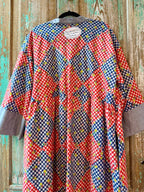Upcycled "Home Country" Vintage Red and Blue Quilt Top Duster with Tie-Front: Women's Large