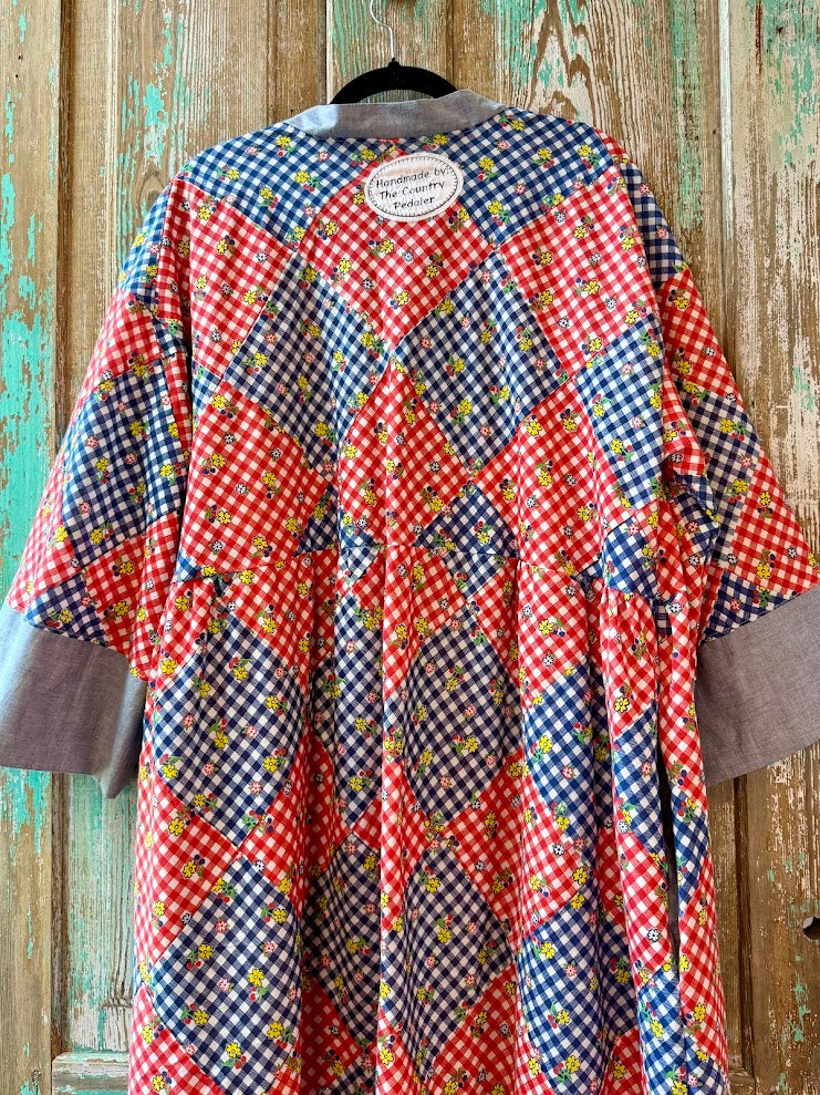 Upcycled "Home Country" Vintage Red and Blue Quilt Top Duster with Tie-Front: Women's Large