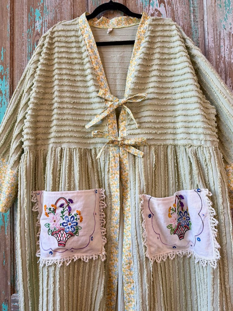 Upcycled "Fields of Green" Vintage Chenille Tie-Front Duster with Doily Pockets