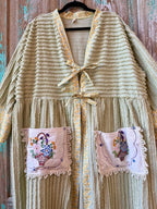 Upcycled "Fields of Green" Vintage Chenille Tie-Front Duster with Doily Pockets