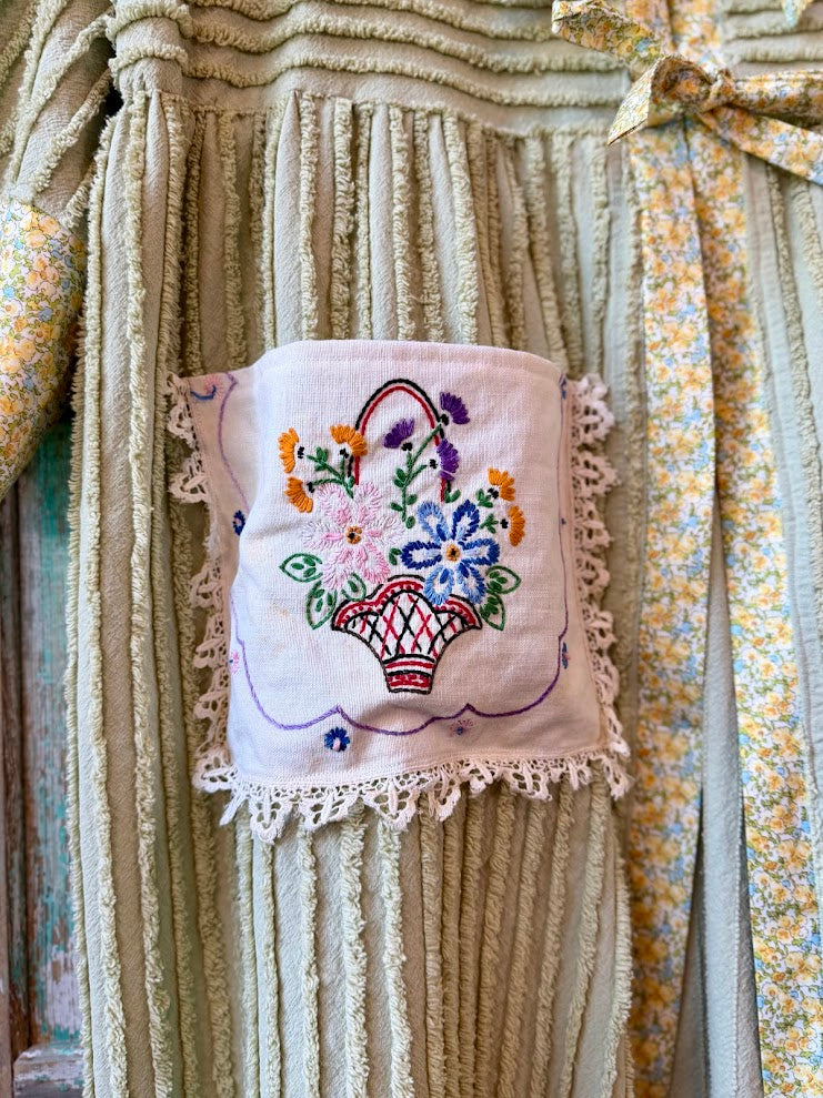 Upcycled "Fields of Green" Vintage Chenille Tie-Front Duster with Doily Pockets