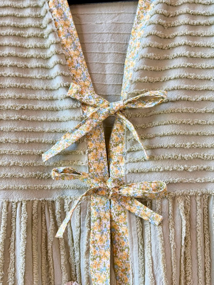 Upcycled "Fields of Green" Vintage Chenille Tie-Front Duster with Doily Pockets