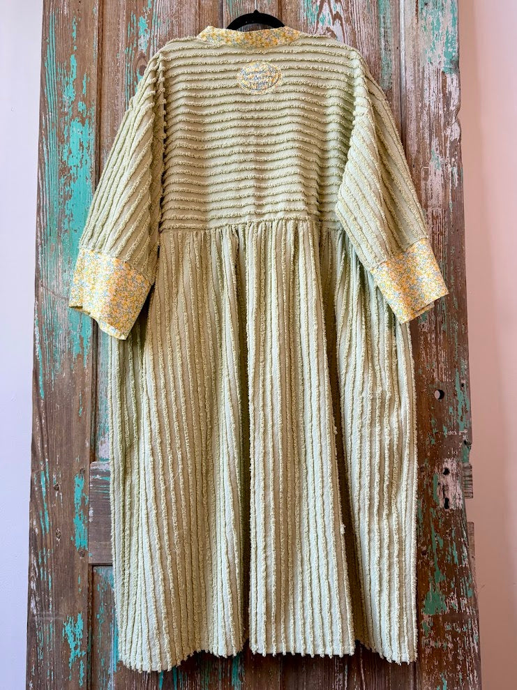 Upcycled "Fields of Green" Vintage Chenille Tie-Front Duster with Doily Pockets
