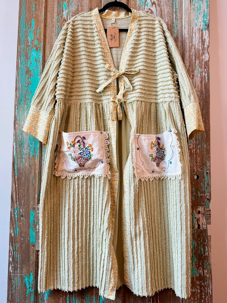 Upcycled "Fields of Green" Vintage Chenille Tie-Front Duster with Doily Pockets