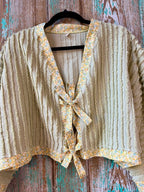 Upcycled "Fields of Green" Vintage Chenille Cropped Tie-Front Jacket: Women's XL
