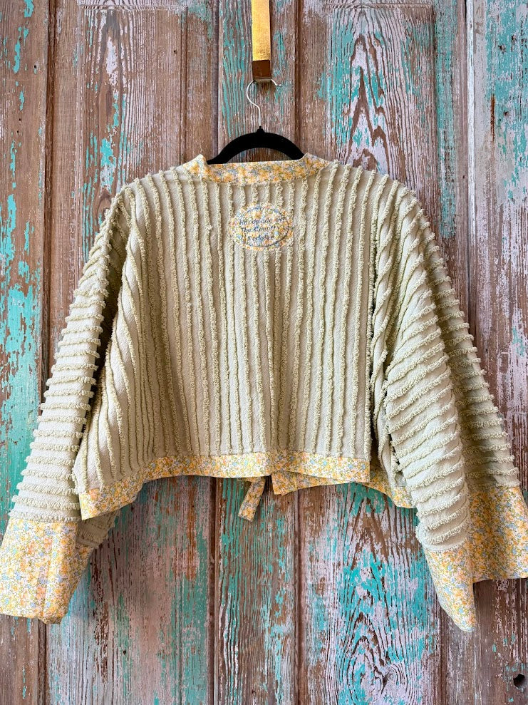 Upcycled "Fields of Green" Vintage Chenille Cropped Tie-Front Jacket: Women's XL