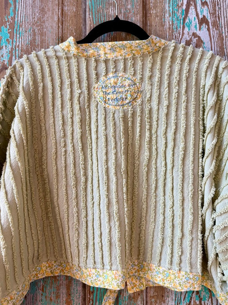 Upcycled "Fields of Green" Vintage Chenille Cropped Tie-Front Jacket: Women's XL