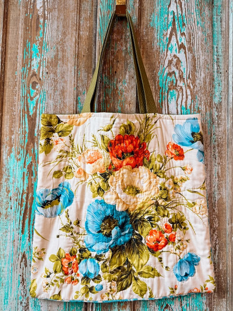 Upcycled Oversized Floral Quilt Tote Bag with Blue Terry Cloth Back
