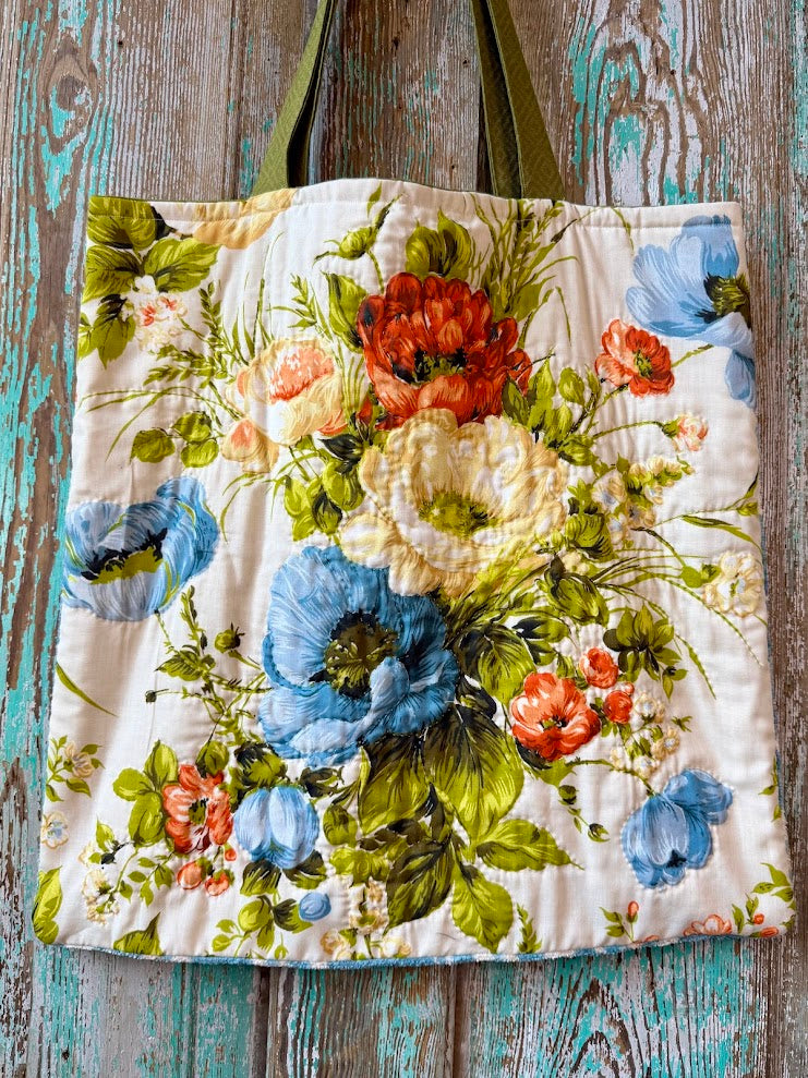 Upcycled Oversized Floral Quilt Tote Bag with Blue Terry Cloth Back