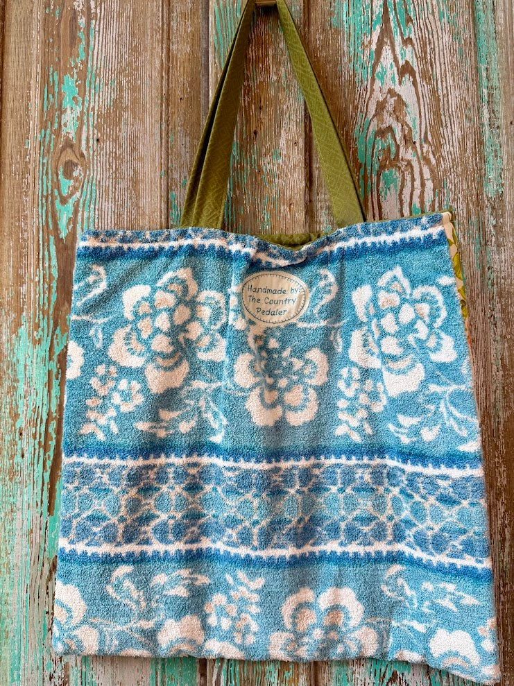 Upcycled Oversized Floral Quilt Tote Bag with Blue Terry Cloth Back