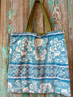 Upcycled Oversized Floral Quilt Tote Bag with Blue Terry Cloth Back
