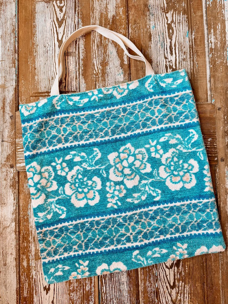 Upcycled Vintage Oversized Blue Floral Terry Cloth Tote Bag