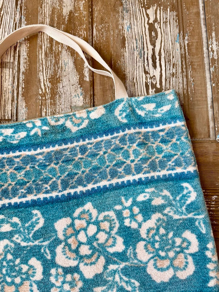 Upcycled Vintage Oversized Blue Floral Terry Cloth Tote Bag