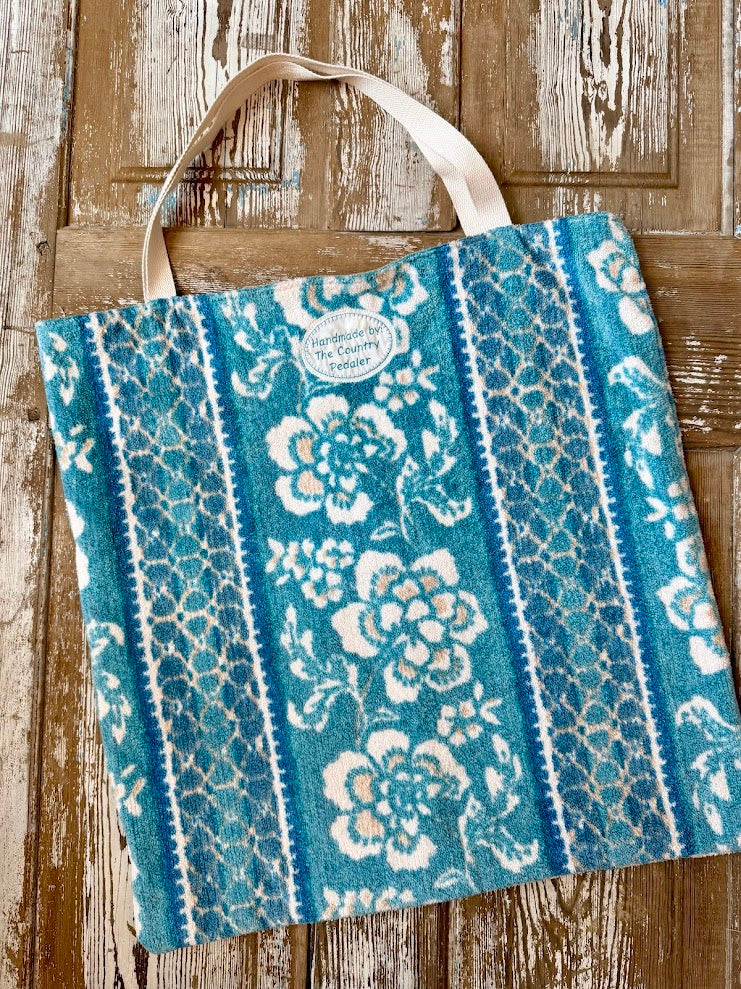 Upcycled Vintage Oversized Blue Floral Terry Cloth Tote Bag