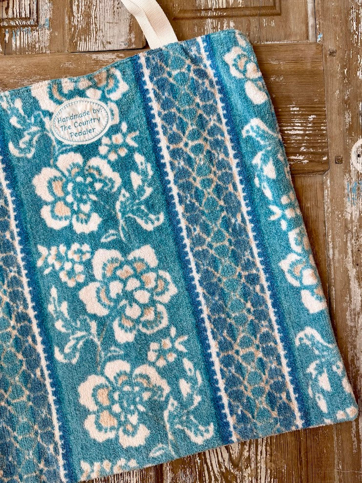 Upcycled Vintage Oversized Blue Floral Terry Cloth Tote Bag