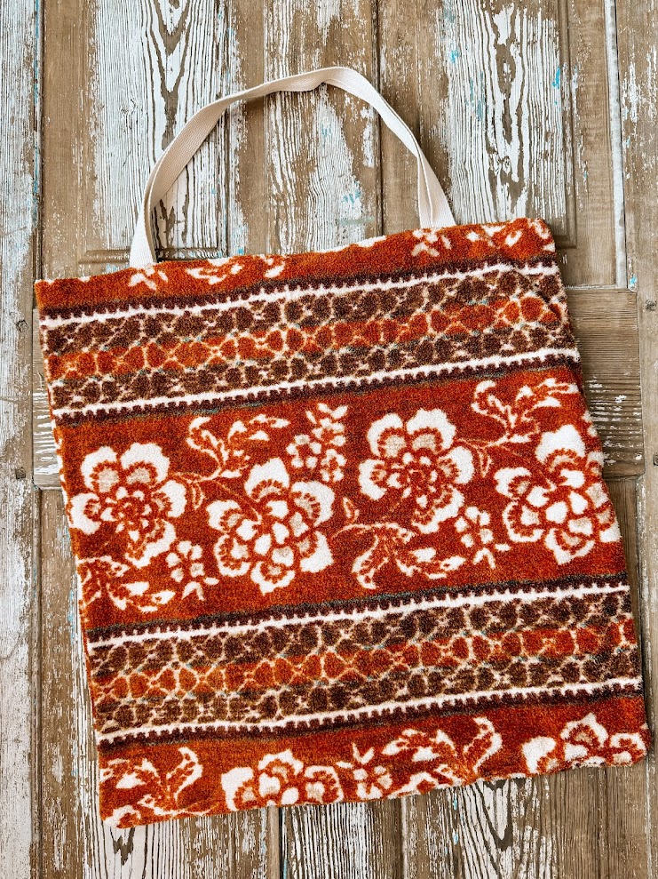 Upcycled Vintage Oversized Burnt Red Floral Terry Cloth Tote Bag