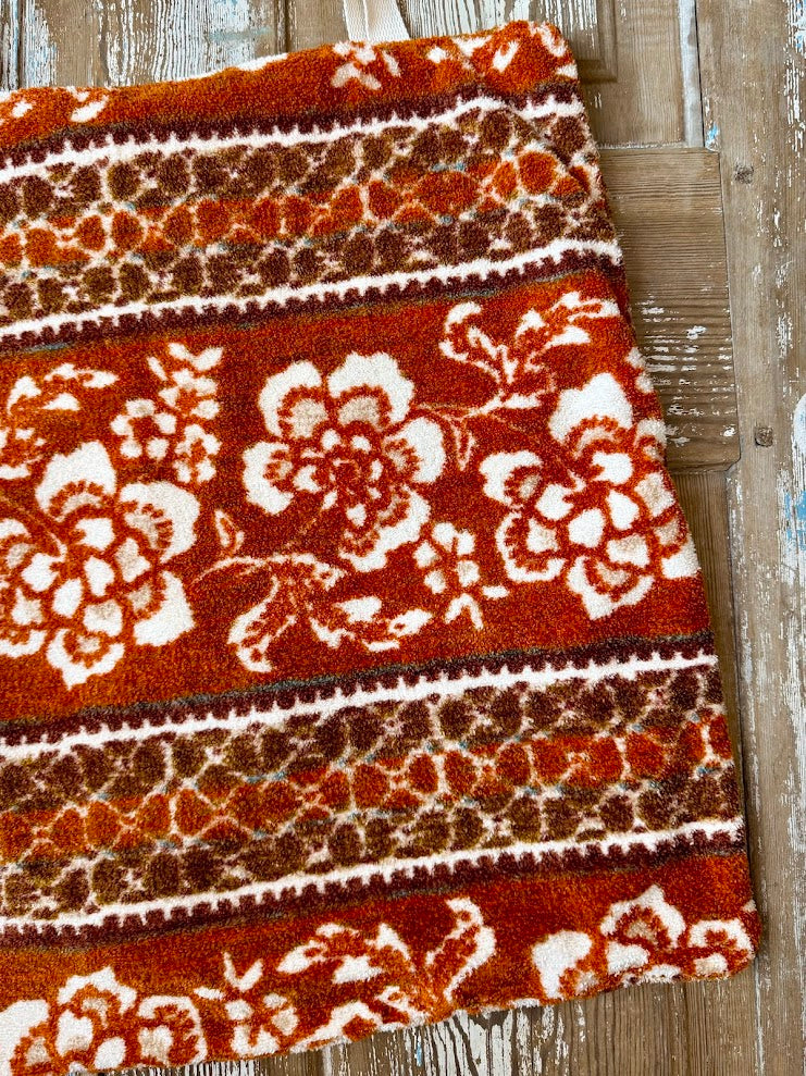 Upcycled Vintage Oversized Burnt Red Floral Terry Cloth Tote Bag