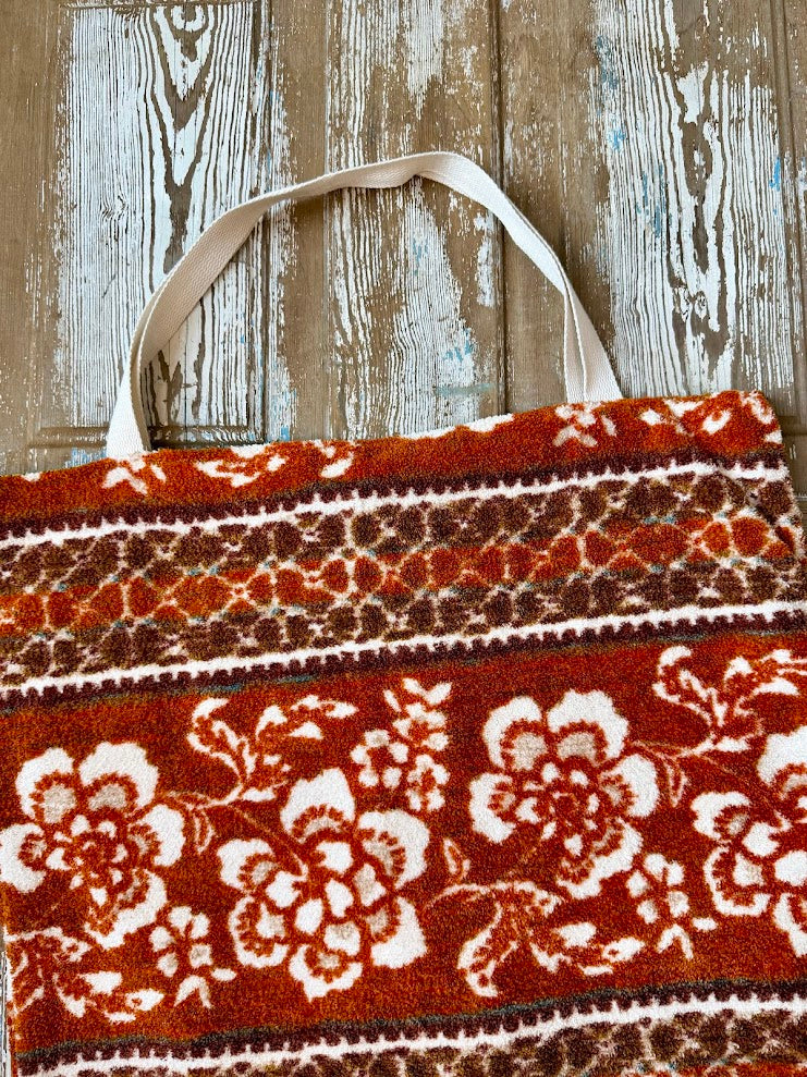 Upcycled Vintage Oversized Burnt Red Floral Terry Cloth Tote Bag