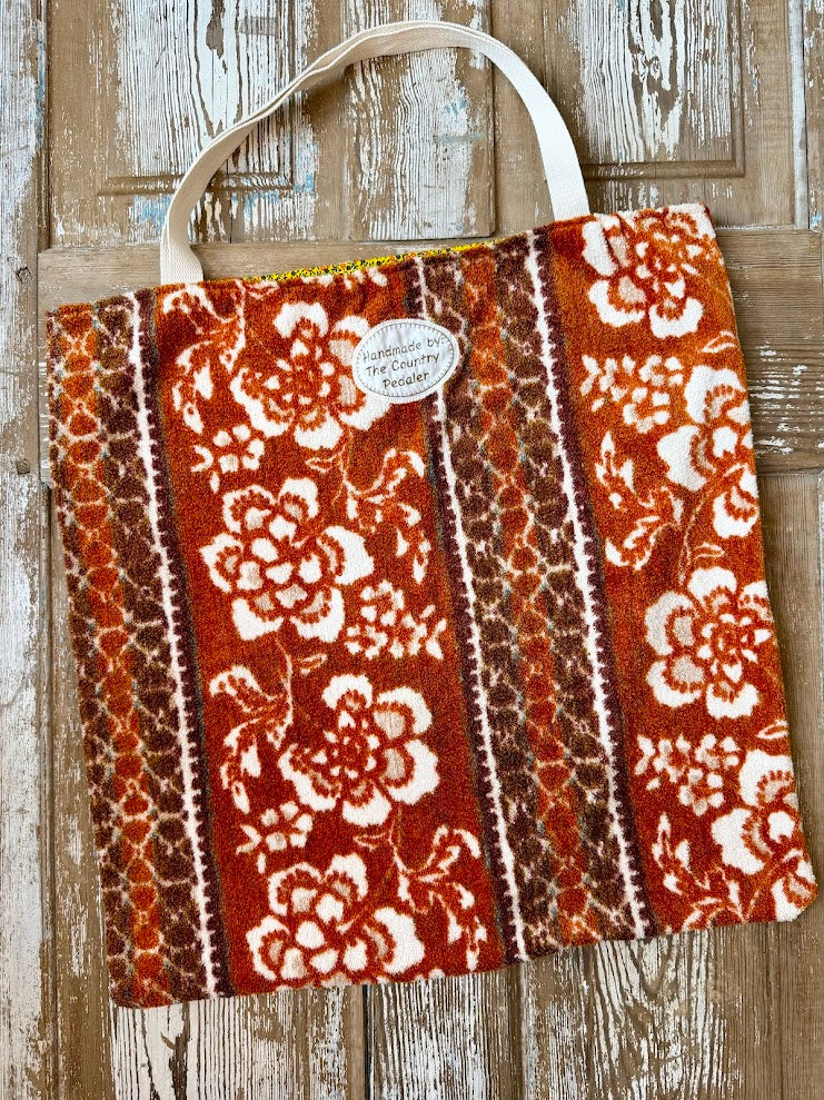 Upcycled Vintage Oversized Burnt Red Floral Terry Cloth Tote Bag