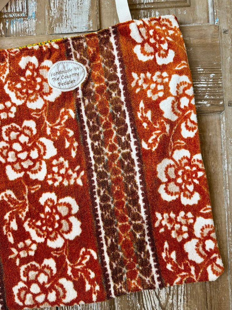 Upcycled Vintage Oversized Burnt Red Floral Terry Cloth Tote Bag