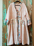 Upcycled "Pink Patch" Vintage Chenille Duster with Doily Pockets and Tie-Front: Women's Large