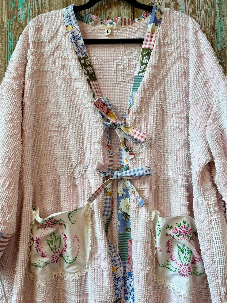 Upcycled "Pink Patch" Vintage Chenille Duster with Doily Pockets and Tie-Front: Women's Large