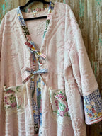 Upcycled "Pink Patch" Vintage Chenille Duster with Doily Pockets and Tie-Front: Women's Large