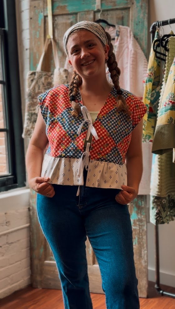 Upcycled "Home Country" Cropped Red and Blue Quilt Top Tie-Front Vest with Ruffle Hem: Women's Medium
