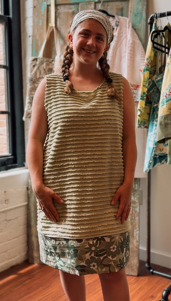 Upcycled "Fields of Green" Vintage Chenille Tank Dress: Women's Medium