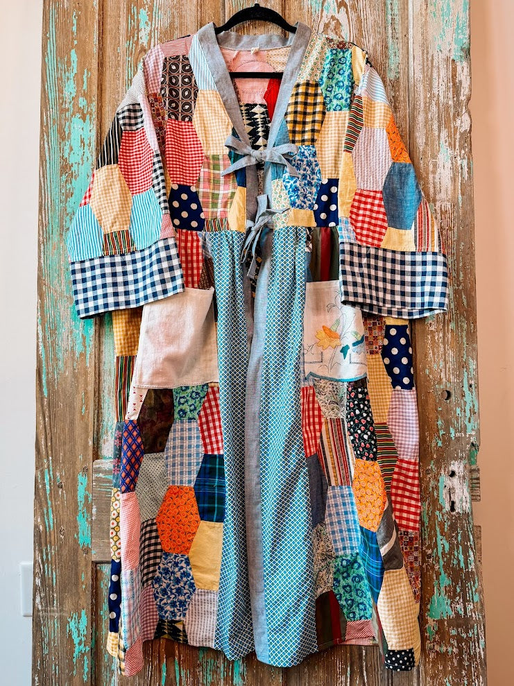 Upcycled Crazy Patch Quilt Top Duster with Tie Front and Doily Pockets: Women's Medium
