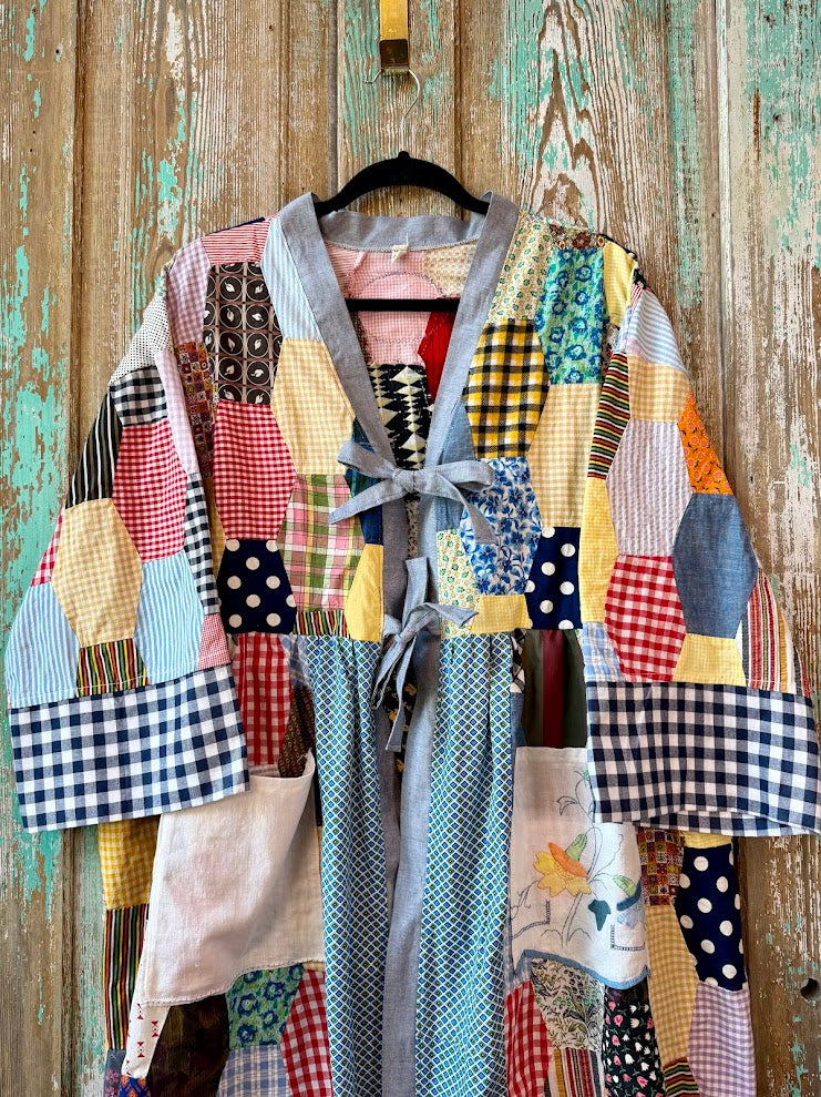 Upcycled Crazy Patch Quilt Top Duster with Tie Front and Doily Pockets: Women's Medium