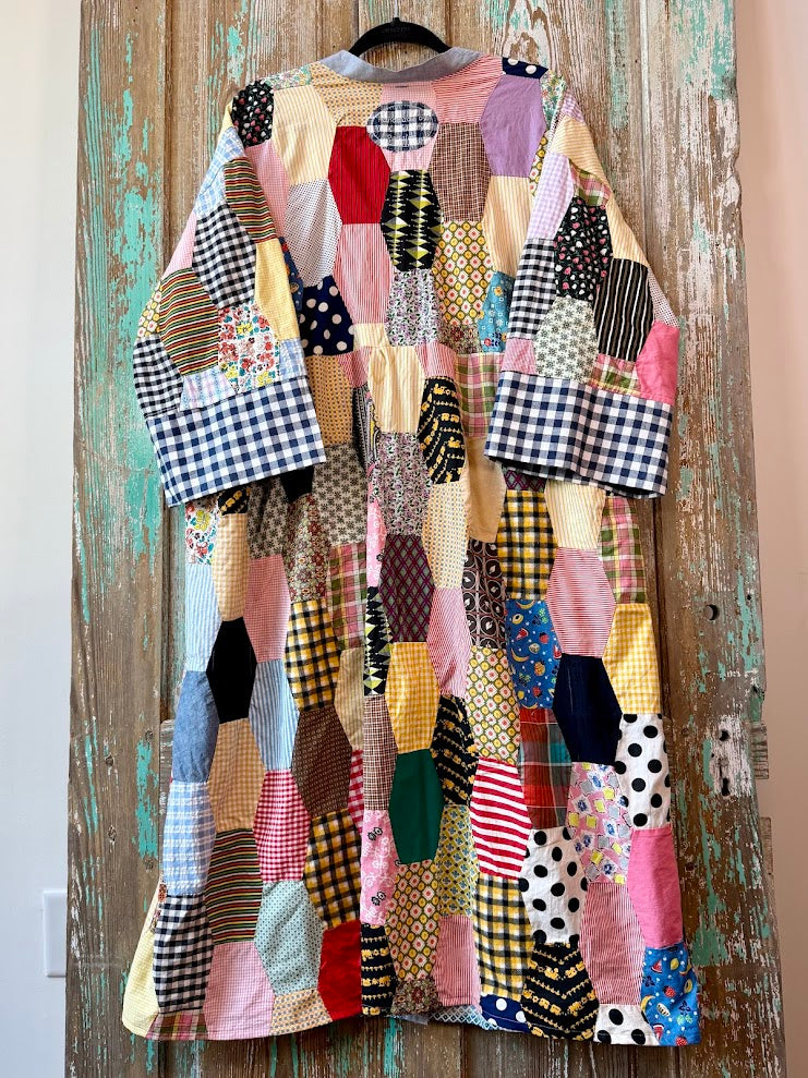 Upcycled Crazy Patch Quilt Top Duster with Tie Front and Doily Pockets: Women's Medium