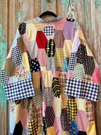 Upcycled Crazy Patch Quilt Top Duster with Tie Front and Doily Pockets: Women's Medium