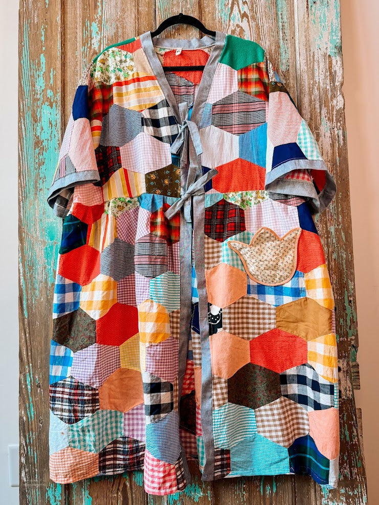 Upcycled Crazy Patch Quilt Top Duster with Tie Front and Floral Pocket: Women's XL