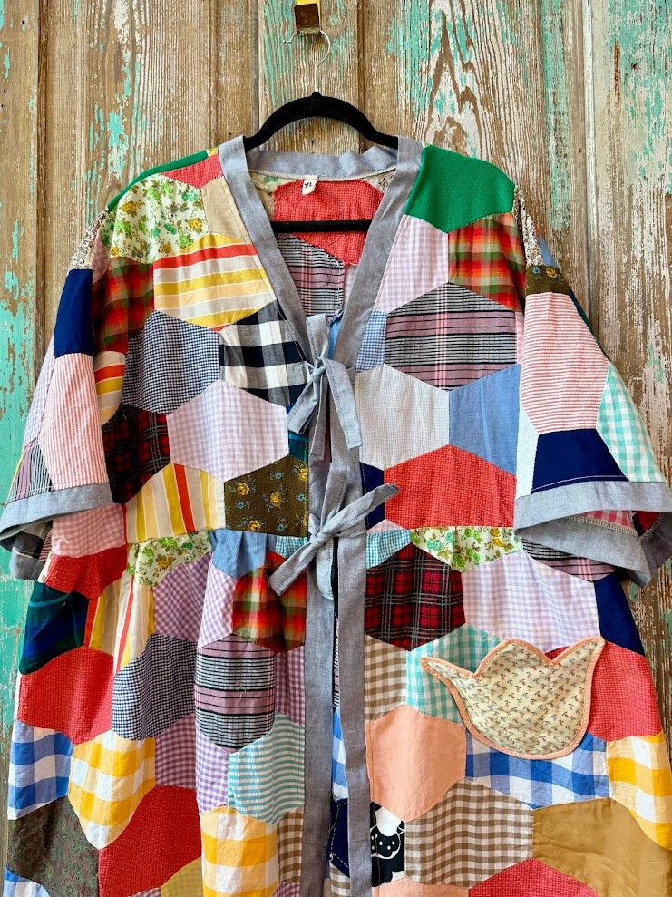 Upcycled Crazy Patch Quilt Top Duster with Tie Front and Floral Pocket: Women's XL