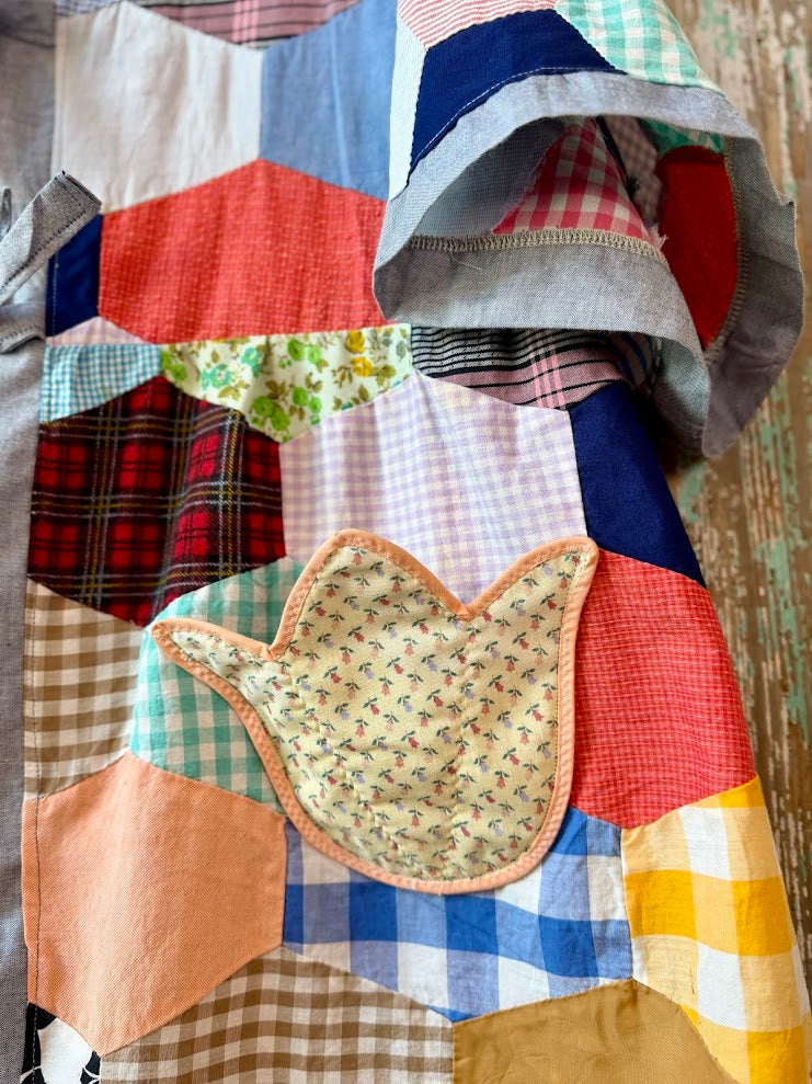 Upcycled Crazy Patch Quilt Top Duster with Tie Front and Floral Pocket: Women's XL