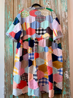 Upcycled Crazy Patch Quilt Top Duster with Tie Front and Floral Pocket: Women's XL