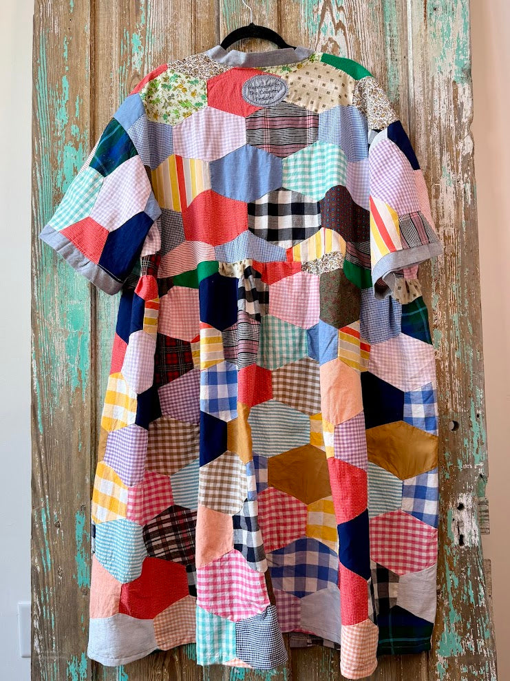 Upcycled Crazy Patch Quilt Top Duster with Tie Front and Floral Pocket: Women's XL