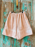 Upcycled Vintage Dusty Pink Towel Shorts with Floral Pocket: Women's Small