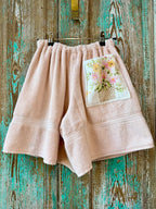 Upcycled Vintage Dusty Pink Towel Shorts with Floral Pocket: Women's Small
