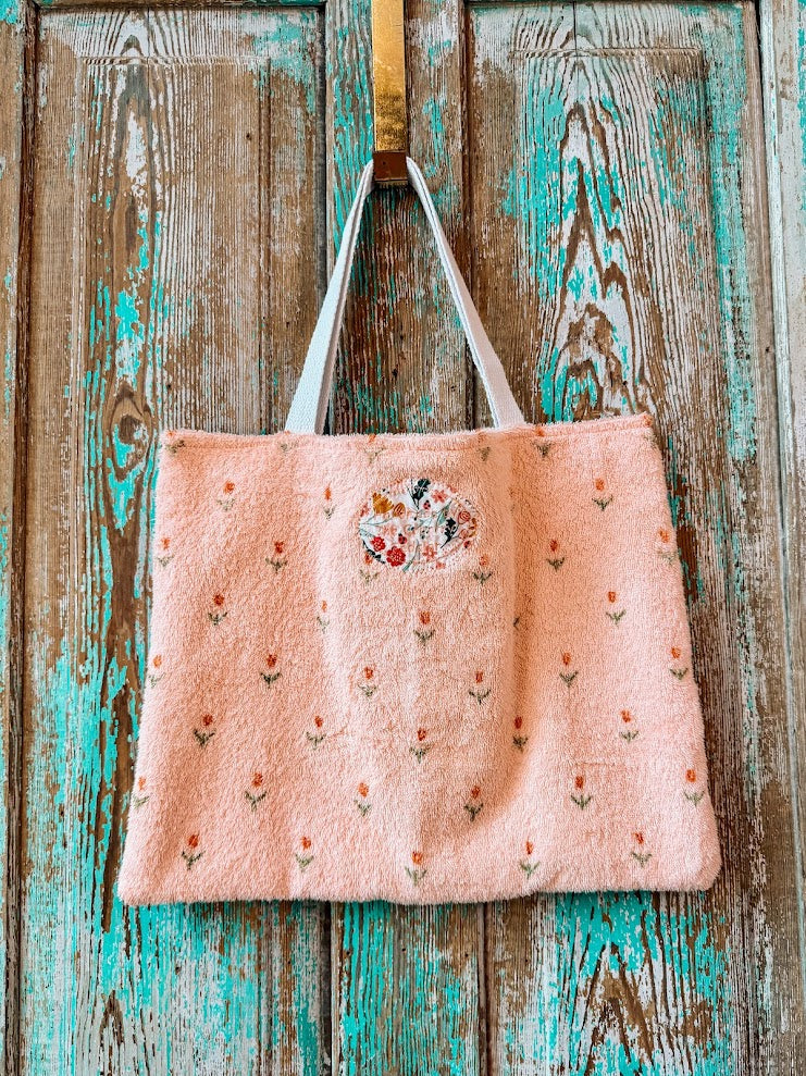 Upcycled Vintage Peachy Pink Floral Towel Tote