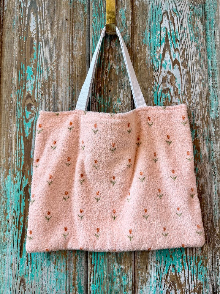 Upcycled Vintage Peachy Pink Floral Towel Tote