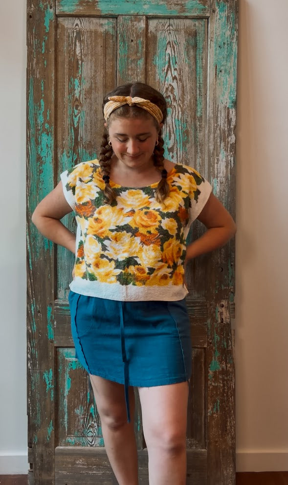 Upcycled Vintage Yellow Floral Towel Poncho Tank: Women's M/L