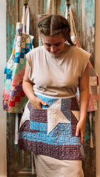 Upcycled Vintage Red and Blue Floral Quilt Apron: Adult Half-Apron (A)