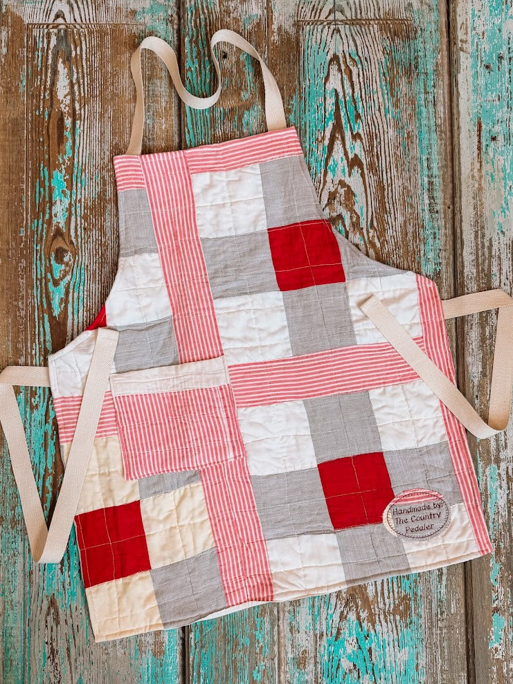 Upcycled Vintage Red Patchwork Quilt Apron: Kids